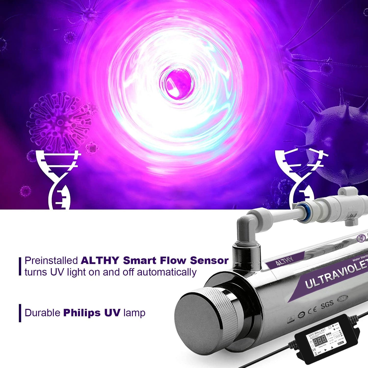 ALTHY UV Ultraviolet Light Water Purifier Sterilizer System Disinfection Filter +Smart Flow Control Switch Stainless Steel 1GPM  Hardware > Plumbing > Water Dispensing & Filtration 221.28 EZYSELLA SHOP