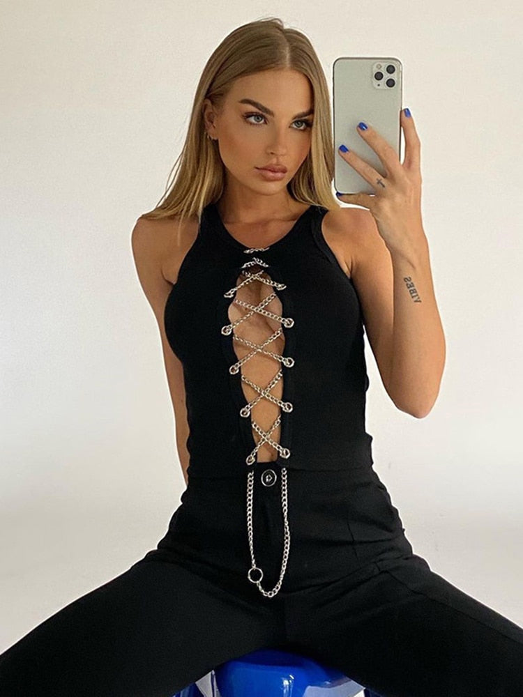 Cryptographic Fashion Sleeveless Lace Up Chain White Crop Tops for Women Club Party Backless Knitted Sexy Top Cropped Streetwear   58.99 EZYSELLA SHOP