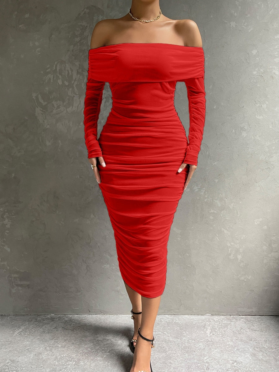 Dressmecb Off Shoulder Mesh Party Dress Women Clothing Sexy Club Backless Ruched Bodycon Dresses Long Sleeves Autumn Vestidos Red-750XL Apparel & Accessories > Clothing > Dresses 103.99 EZYSELLA SHOP