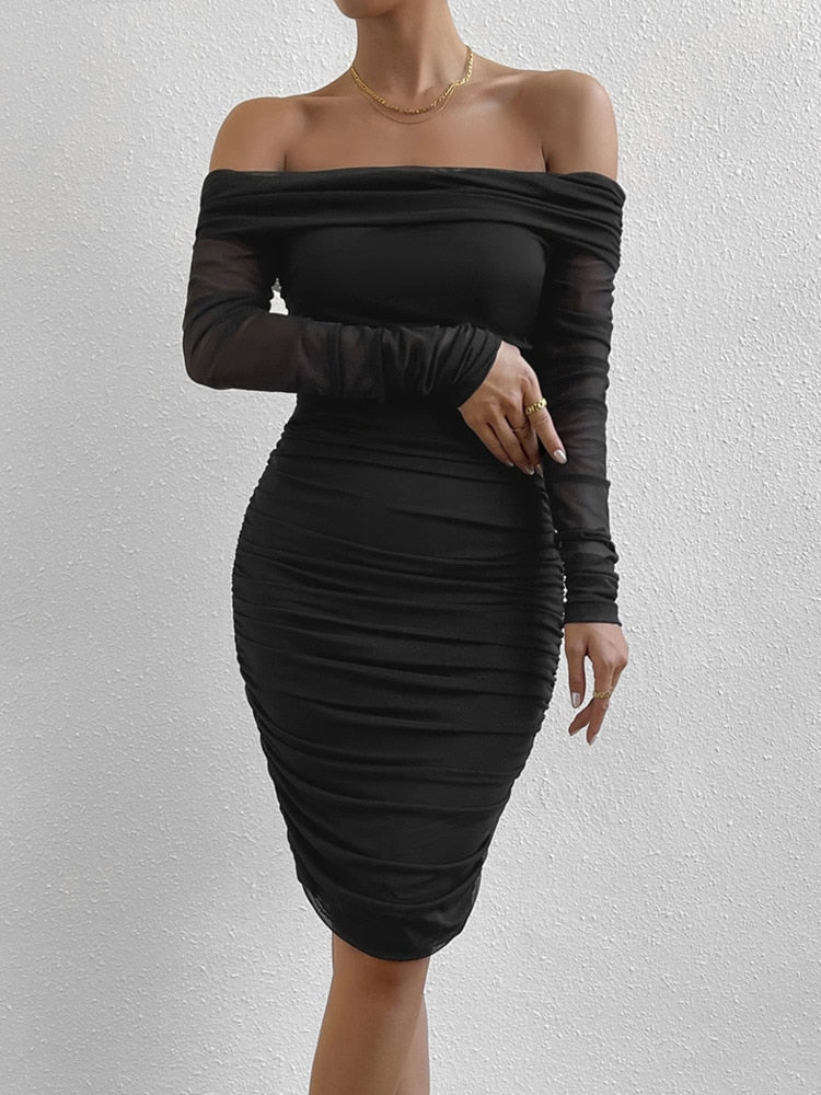 Dressmecb Off Shoulder Mesh Party Dress Women Clothing Sexy Club Backless Ruched Bodycon Dresses Long Sleeves Autumn Vestidos Black-709XL Apparel & Accessories > Clothing > Dresses 71.99 EZYSELLA SHOP