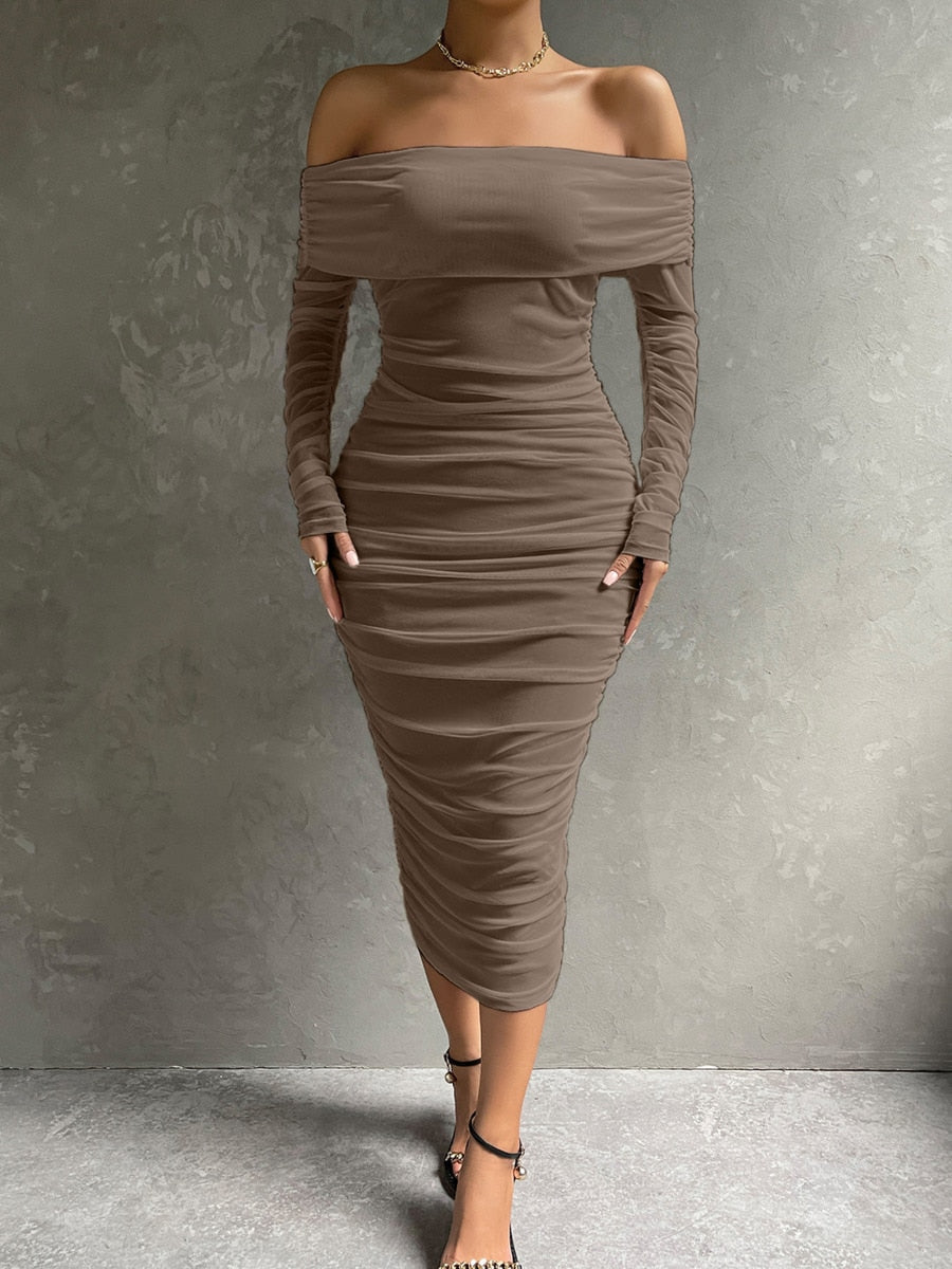 Dressmecb Off Shoulder Mesh Party Dress Women Clothing Sexy Club Backless Ruched Bodycon Dresses Long Sleeves Autumn Vestidos DarkBrown-750XL Apparel & Accessories > Clothing > Dresses 103.99 EZYSELLA SHOP