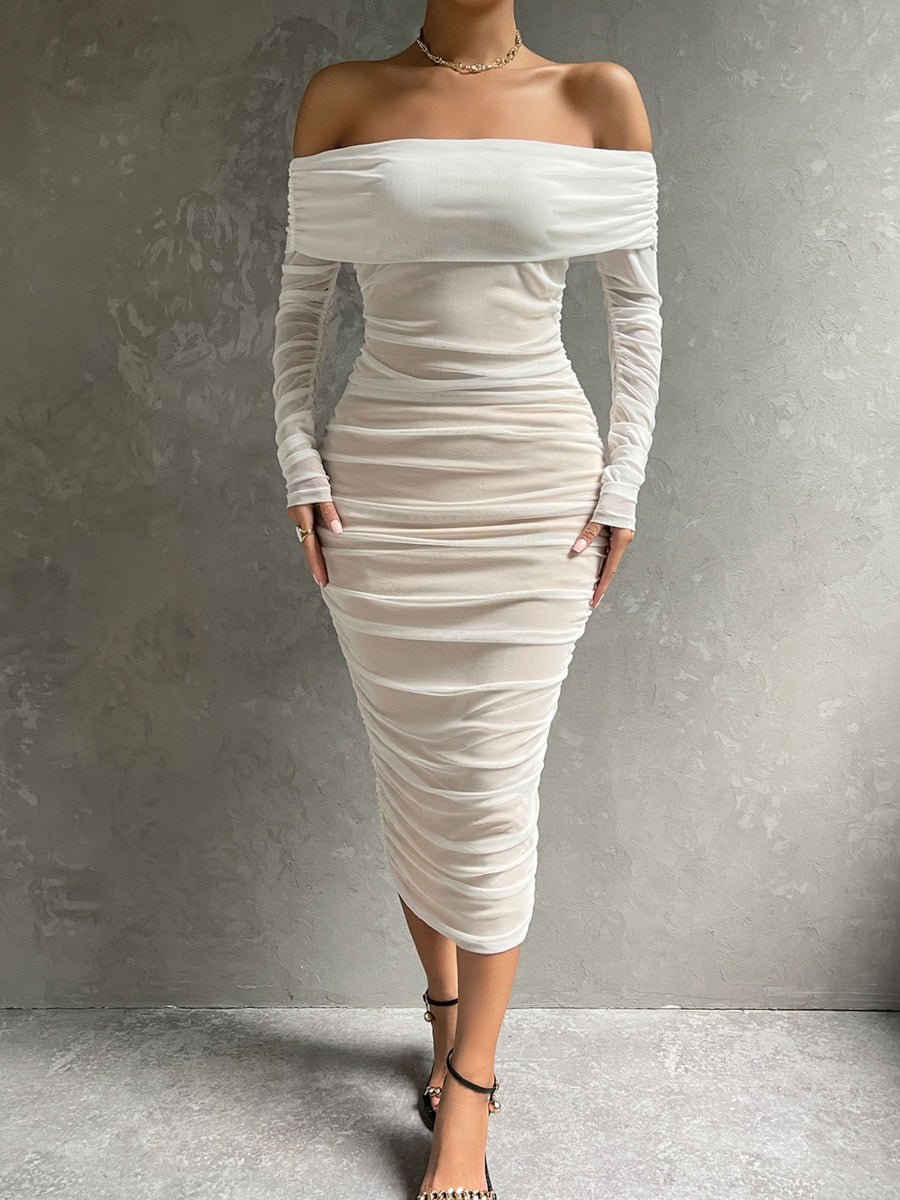 Dressmecb Off Shoulder Mesh Party Dress Women Clothing Sexy Club Backless Ruched Bodycon Dresses Long Sleeves Autumn Vestidos White-750XL Apparel & Accessories > Clothing > Dresses 103.99 EZYSELLA SHOP