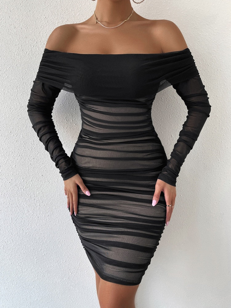 Dressmecb Off Shoulder Mesh Party Dress Women Clothing Sexy Club Backless Ruched Bodycon Dresses Long Sleeves Autumn Vestidos ABlack-709XL Apparel & Accessories > Clothing > Dresses 71.99 EZYSELLA SHOP