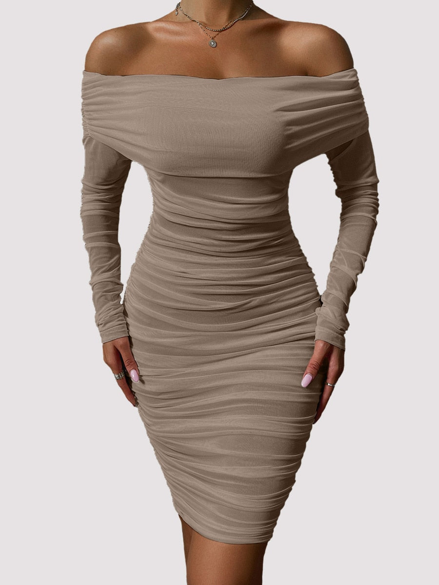 Dressmecb Off Shoulder Mesh Party Dress Women Clothing Sexy Club Backless Ruched Bodycon Dresses Long Sleeves Autumn Vestidos DarkBrown-709XL Apparel & Accessories > Clothing > Dresses 71.99 EZYSELLA SHOP