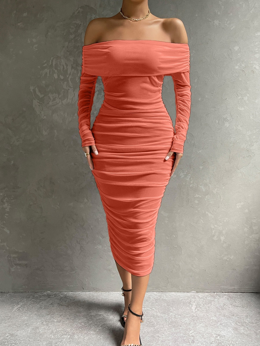 Dressmecb Off Shoulder Mesh Party Dress Women Clothing Sexy Club Backless Ruched Bodycon Dresses Long Sleeves Autumn Vestidos Orange-750XL Apparel & Accessories > Clothing > Dresses 103.99 EZYSELLA SHOP