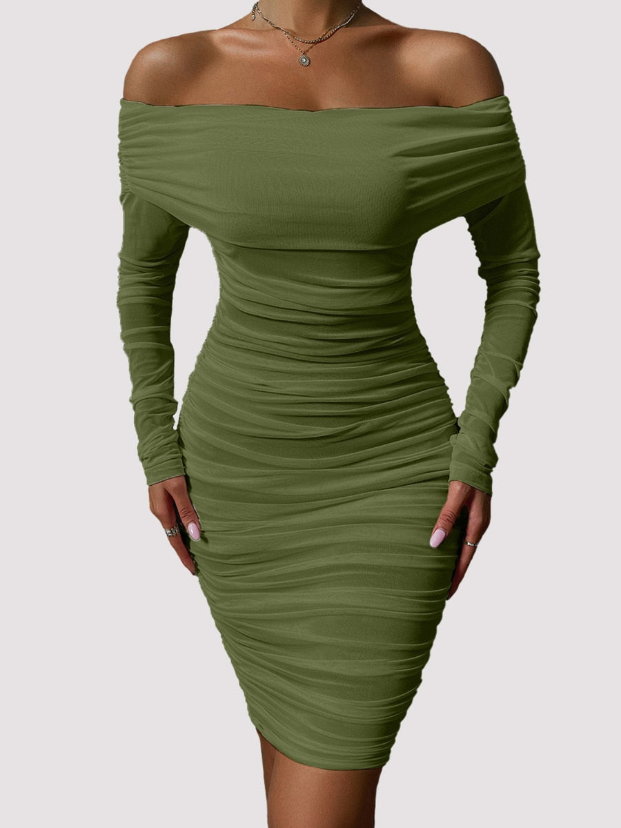 Dressmecb Off Shoulder Mesh Party Dress Women Clothing Sexy Club Backless Ruched Bodycon Dresses Long Sleeves Autumn Vestidos ArmyGreen-709XL Apparel & Accessories > Clothing > Dresses 71.99 EZYSELLA SHOP