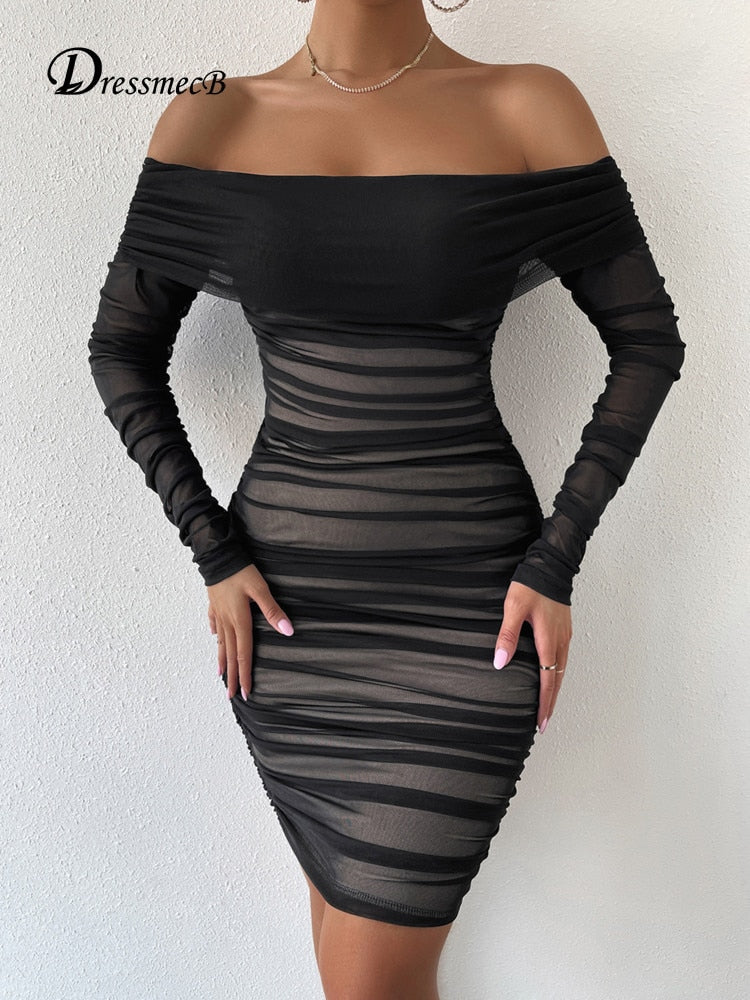 Dressmecb Off Shoulder Mesh Party Dress Women Clothing Sexy Club Backless Ruched Bodycon Dresses Long Sleeves Autumn Vestidos  Apparel & Accessories > Clothing > Dresses 71.99 EZYSELLA SHOP