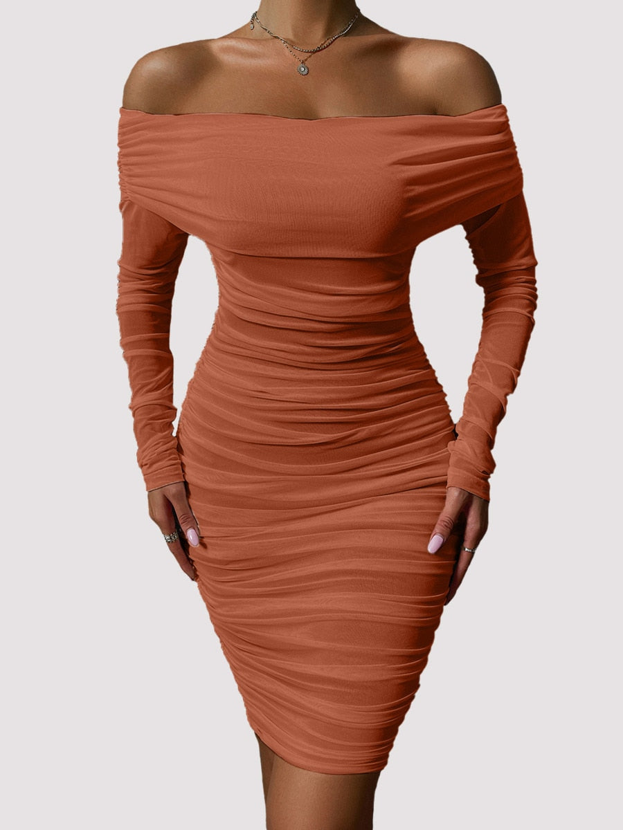 Dressmecb Off Shoulder Mesh Party Dress Women Clothing Sexy Club Backless Ruched Bodycon Dresses Long Sleeves Autumn Vestidos Brown-709XL Apparel & Accessories > Clothing > Dresses 71.99 EZYSELLA SHOP