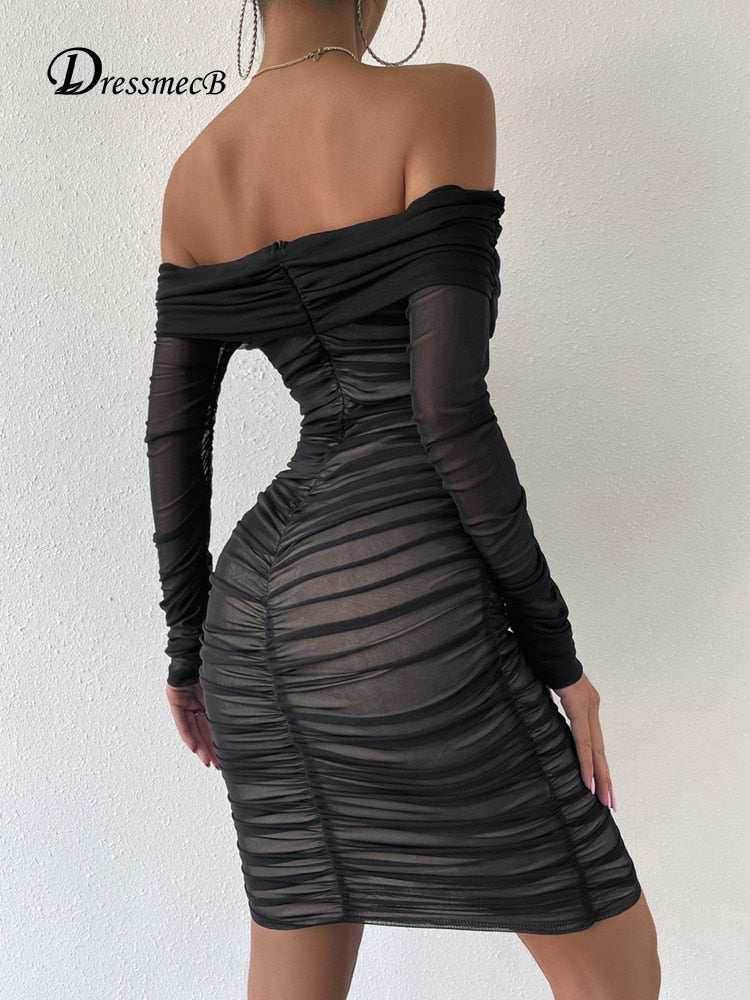 Dressmecb Off Shoulder Mesh Party Dress Women Clothing Sexy Club Backless Ruched Bodycon Dresses Long Sleeves Autumn Vestidos  Apparel & Accessories > Clothing > Dresses 71.99 EZYSELLA SHOP