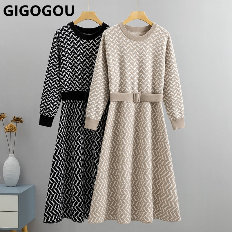 GIGOGOU Luxury Jacquard Women Long Knit Sweater Dress CHIC Autumn Winter A Line Dresses With Belt Pleated Maxi Midi Party Dress   110.99 EZYSELLA SHOP