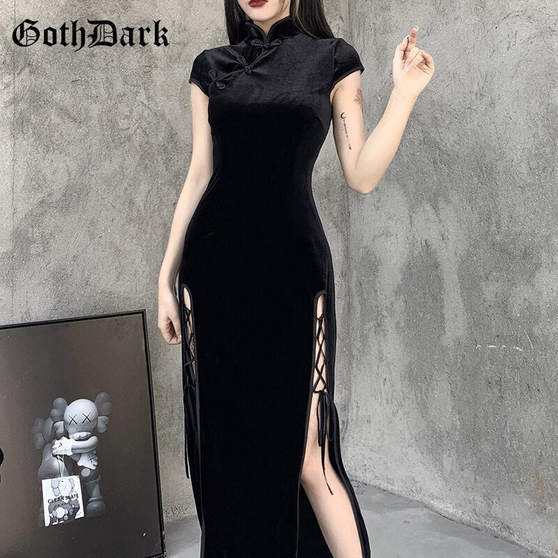 Goth Dark Romantic Gothic Velvet Aesthetic Dresses Vintage Women Black Bandage SlitHem Bodycon Dress Sexy Evening Wear Cheongsam  Apparel & Accessories > Clothing > Dresses 68.99 EZYSELLA SHOP
