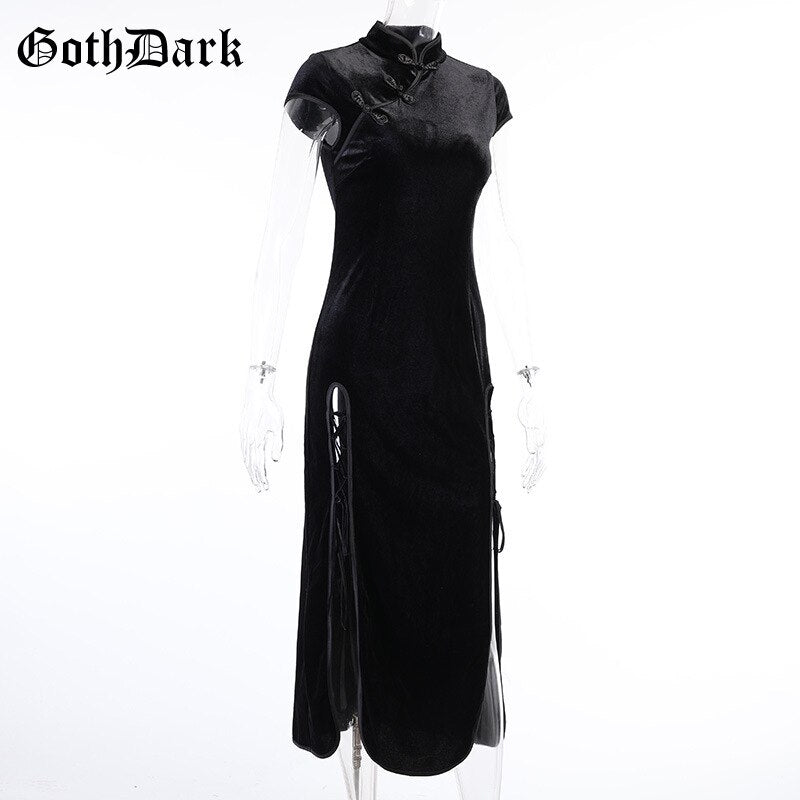 Goth Dark Romantic Gothic Velvet Aesthetic Dresses Vintage Women Black Bandage SlitHem Bodycon Dress Sexy Evening Wear Cheongsam  Apparel & Accessories > Clothing > Dresses 68.99 EZYSELLA SHOP