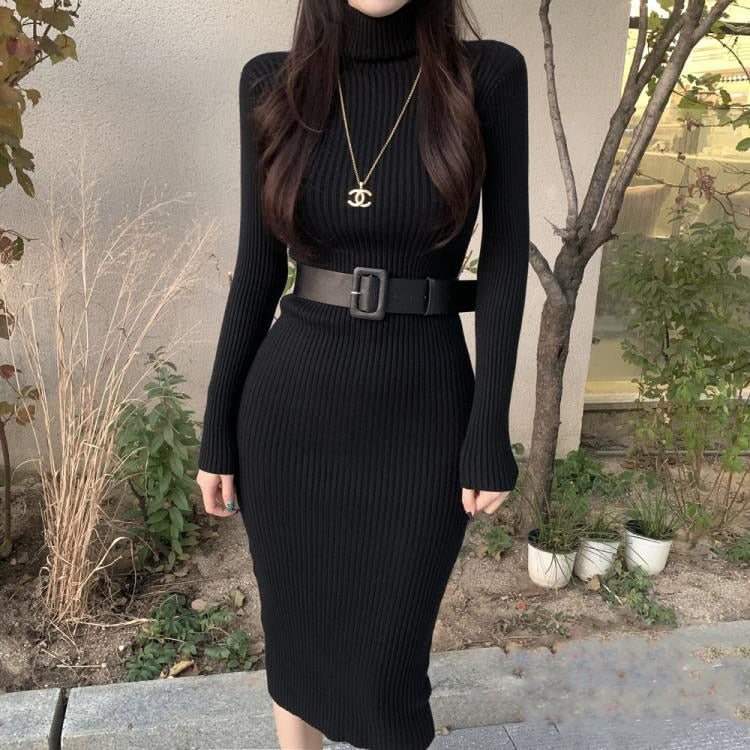 H Han Queen Knitted Bodycon Dress Bottoming Women Soft Elastic Turtleneck Sweater Autumn Winter Midi Party Dresses With Belt   104.99 EZYSELLA SHOP
