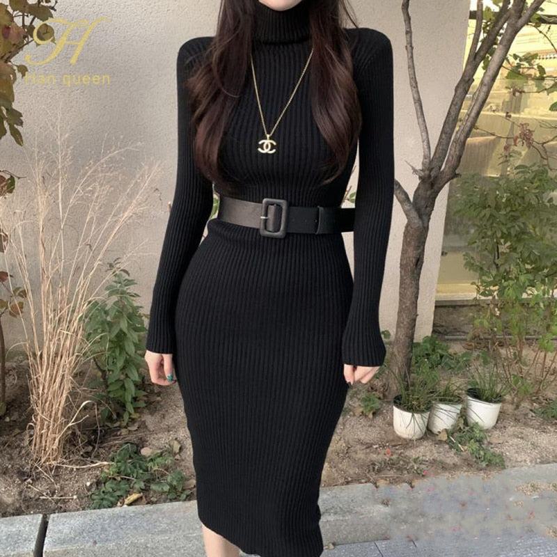 H Han Queen Knitted Bodycon Dress Bottoming Women Soft Elastic Turtleneck Sweater Autumn Winter Midi Party Dresses With Belt BLACKOneSize  104.99 EZYSELLA SHOP