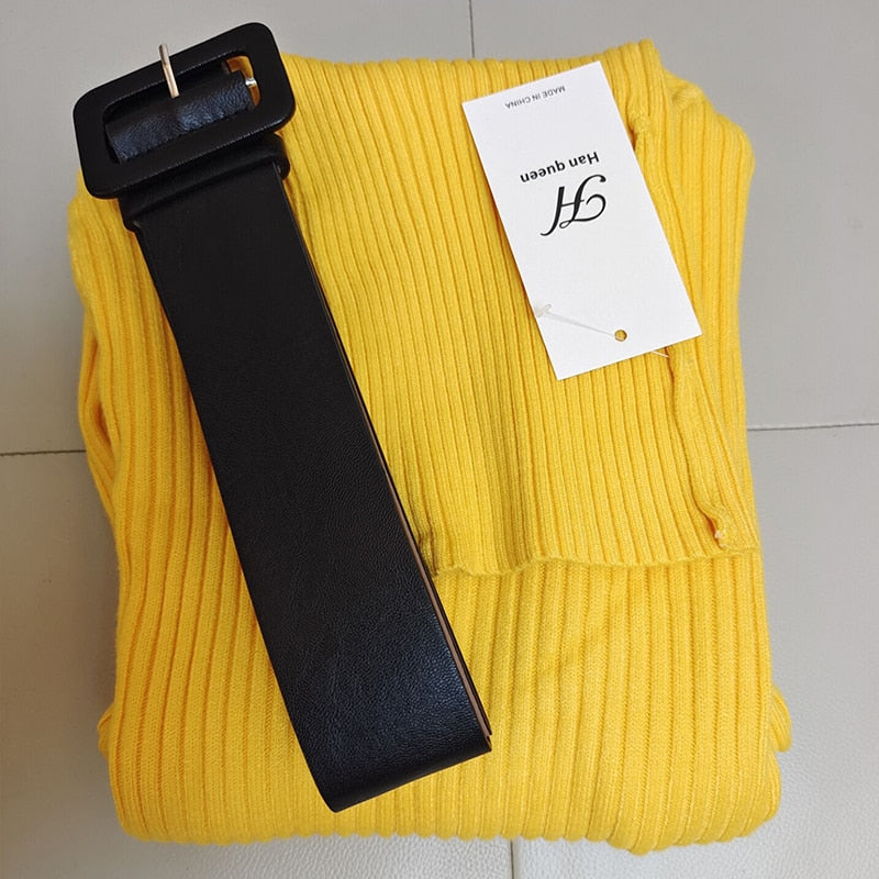 H Han Queen Knitted Bodycon Dress Bottoming Women Soft Elastic Turtleneck Sweater Autumn Winter Midi Party Dresses With Belt yellowOneSize  104.99 EZYSELLA SHOP