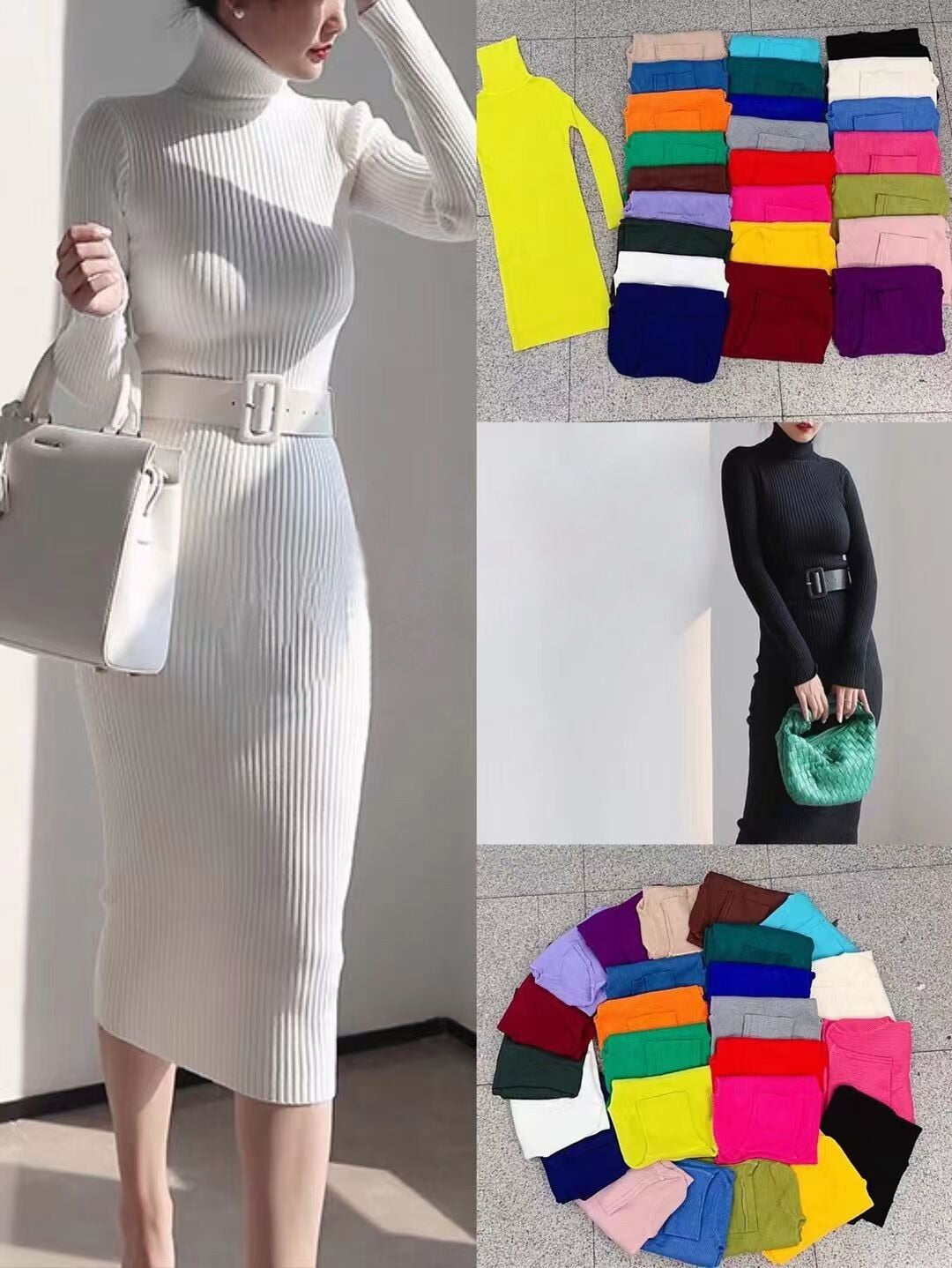 H Han Queen Knitted Bodycon Dress Bottoming Women Soft Elastic Turtleneck Sweater Autumn Winter Midi Party Dresses With Belt   104.99 EZYSELLA SHOP