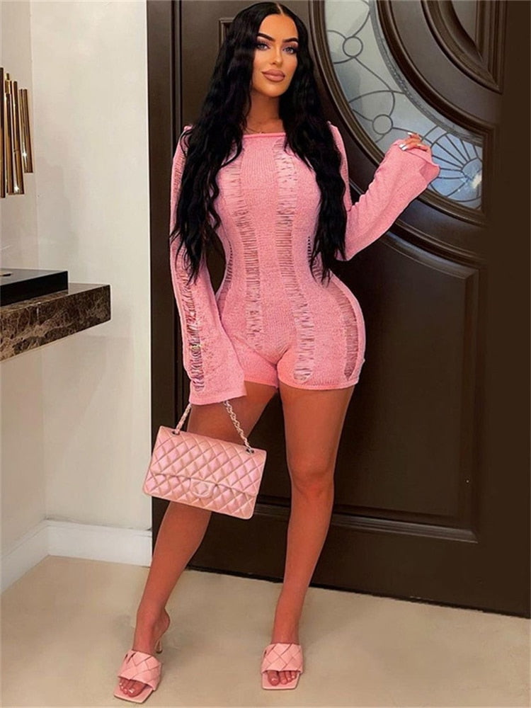 Kliou Solid Hollow Out Rompers Women Concise Hipster Full Sleeve Sexy Backless Body-shaping Overalls Female Casual Streetwear PinkL  64.99 EZYSELLA SHOP