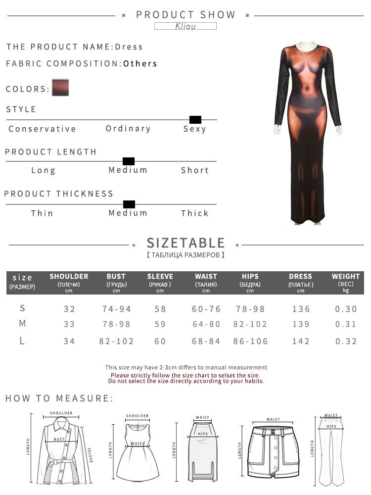 Kliou Y2K 3D Body Print Maxi Dress Women Aesthetic Long Sleeve Unique Sexy Body-Shaping Attirewear Robe Party Clubwear Clothing   66.99 EZYSELLA SHOP