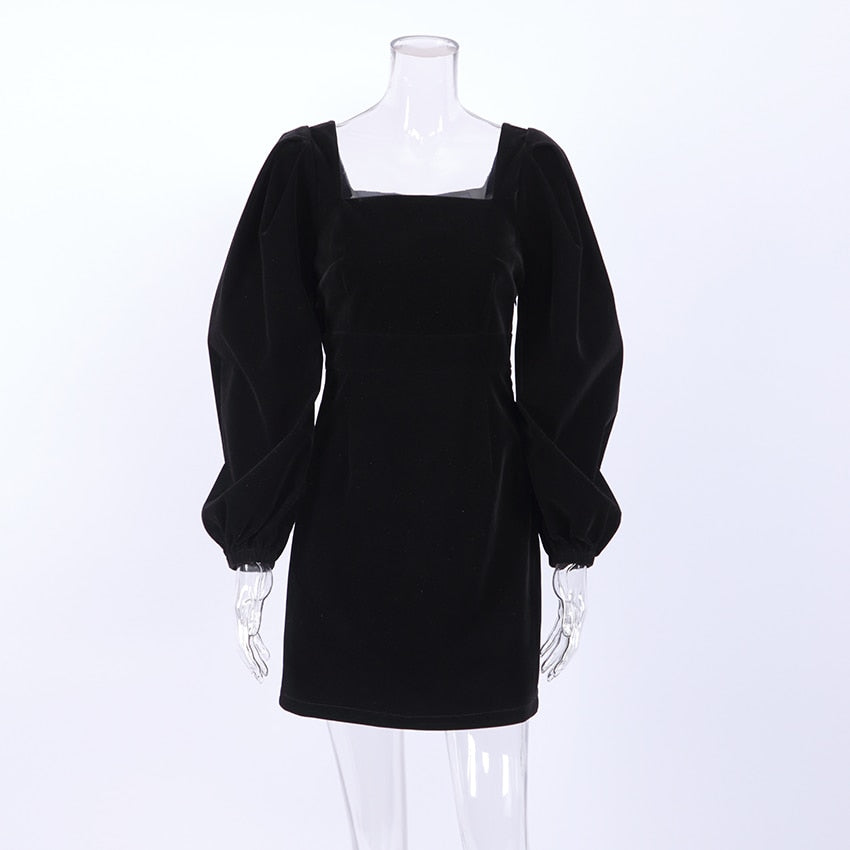 Mnealways18 Evening Puff Sleeve Women&#39;s Velvet Dress Winter Black Sexy Bodycon Dress Square Collar Formal Dresses Elegant 2023   103.99 EZYSELLA SHOP