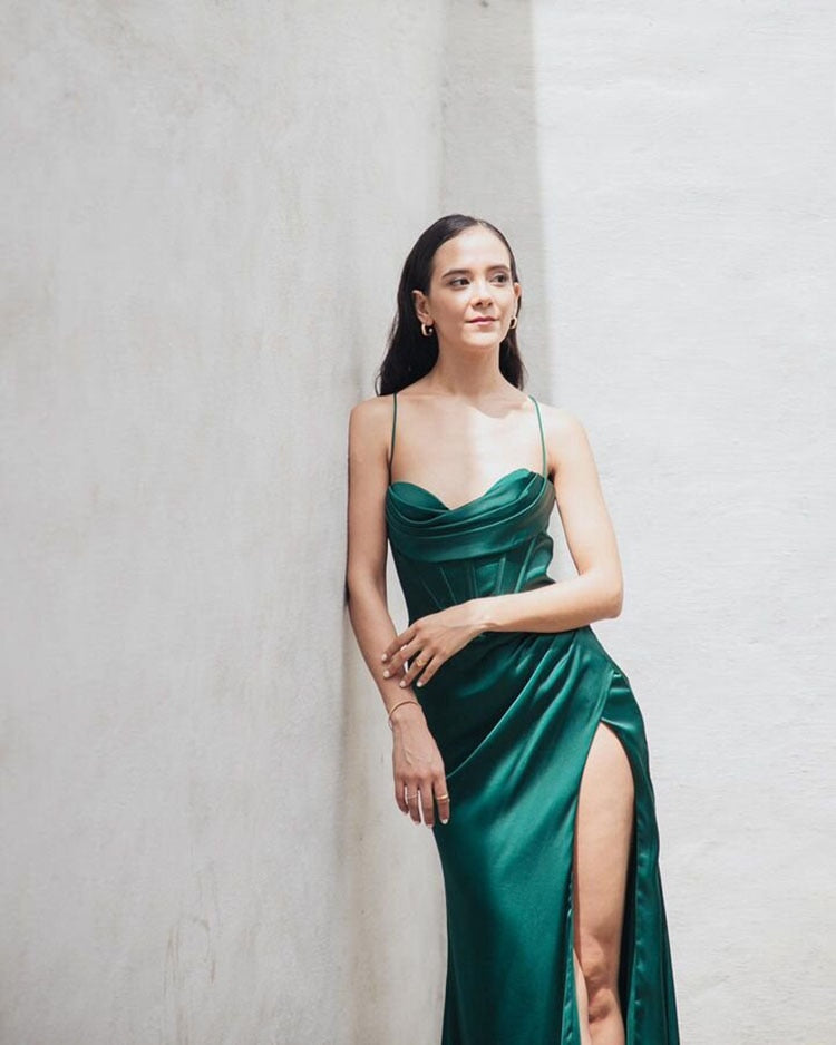 New Summer Prom Dress Women'S Sling Sleeveless Solid Color Dress One Word Neck Slim Fit Open Back Slit Red Sexy Dress GreenLChina  110.99 EZYSELLA SHOP