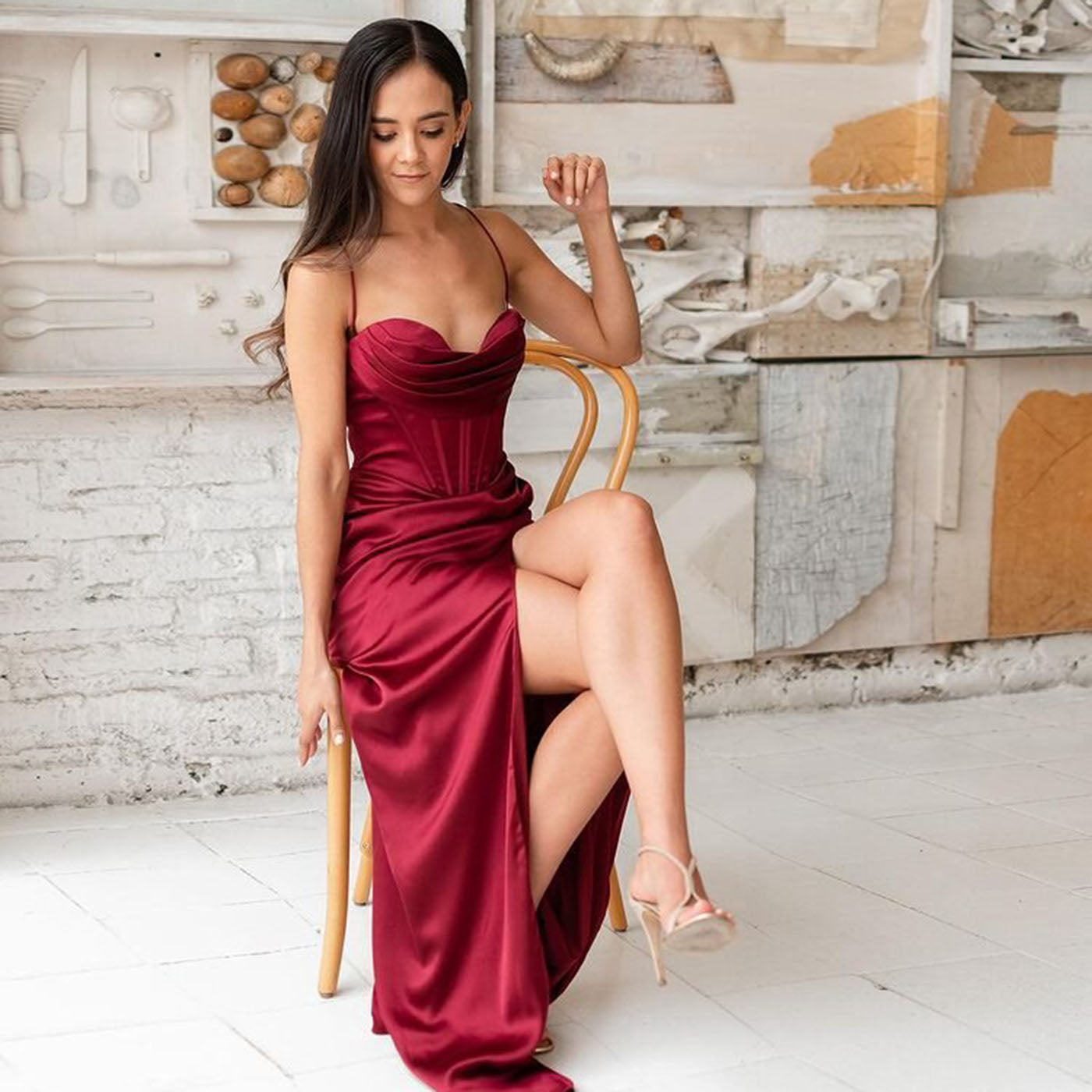 New Summer Prom Dress Women'S Sling Sleeveless Solid Color Dress One Word Neck Slim Fit Open Back Slit Red Sexy Dress ClaretLChina  110.99 EZYSELLA SHOP