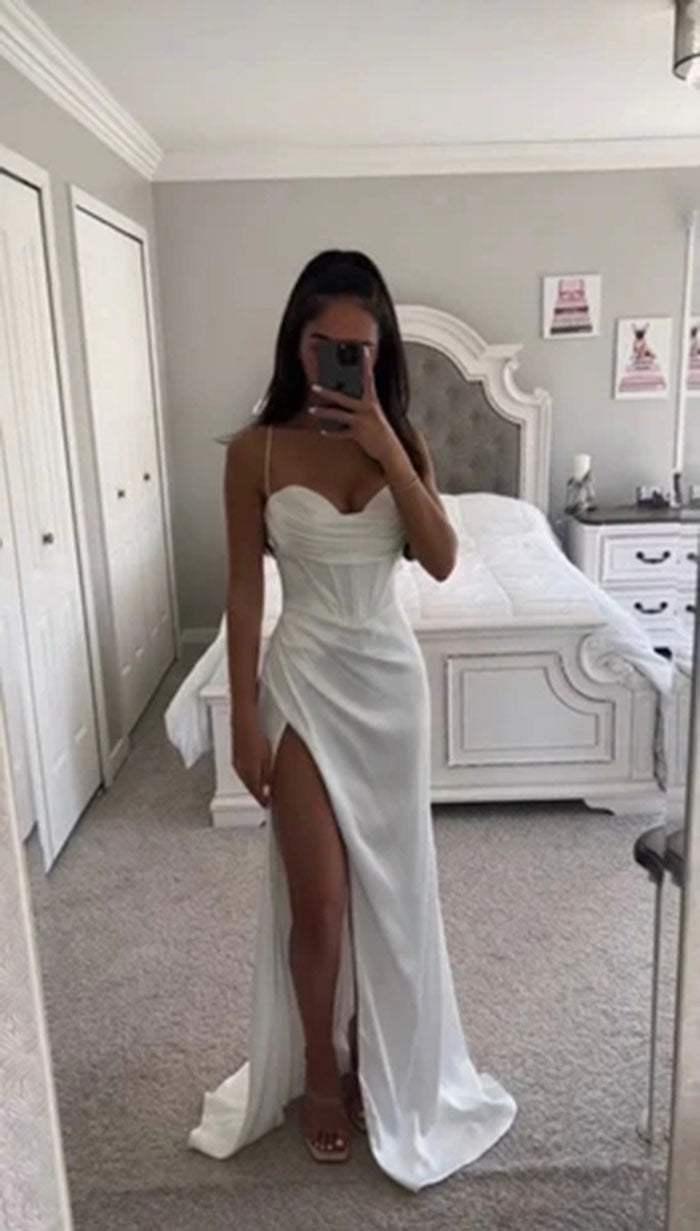 New Summer Prom Dress Women'S Sling Sleeveless Solid Color Dress One Word Neck Slim Fit Open Back Slit Red Sexy Dress WhiteLChina  110.99 EZYSELLA SHOP