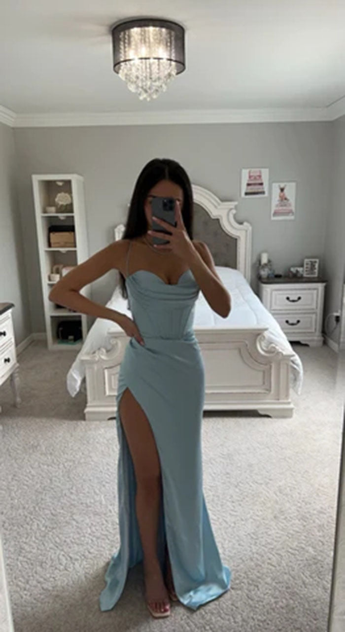 New Summer Prom Dress Women'S Sling Sleeveless Solid Color Dress One Word Neck Slim Fit Open Back Slit Red Sexy Dress LakeBlueLChina  110.99 EZYSELLA SHOP