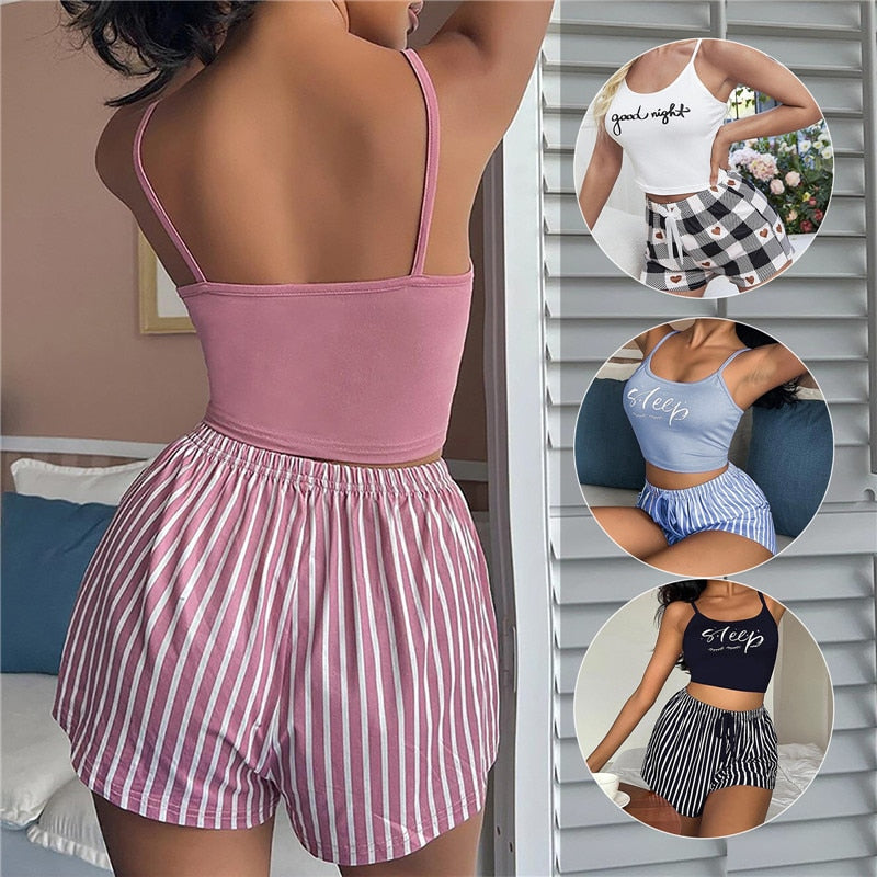 Pajamas for Women Summer Solid Sleepwear Cotton Pyjamas Set Tank Top Shorts Cute Underwear Set Soft Sleeveless Nightwear   51.99 EZYSELLA SHOP