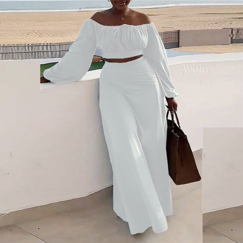 Plus Size Matching Sets Soild Color One Shoulder Lantern Sleeves Crop Tops Side Slit Skirt 2023 Summer Beach Outfits for Women   115.99 EZYSELLA SHOP