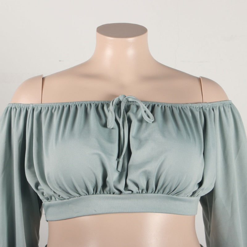 Plus Size Matching Sets Soild Color One Shoulder Lantern Sleeves Crop Tops Side Slit Skirt 2023 Summer Beach Outfits for Women   115.99 EZYSELLA SHOP