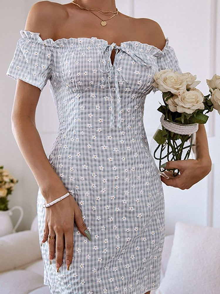 Sexy Floral Short Dress Women Summer Casual Slim Backless Off Shoulder Beach Dress Fashion White Lace-up New In Dresses 2023 LightBlueL  61.99 EZYSELLA SHOP