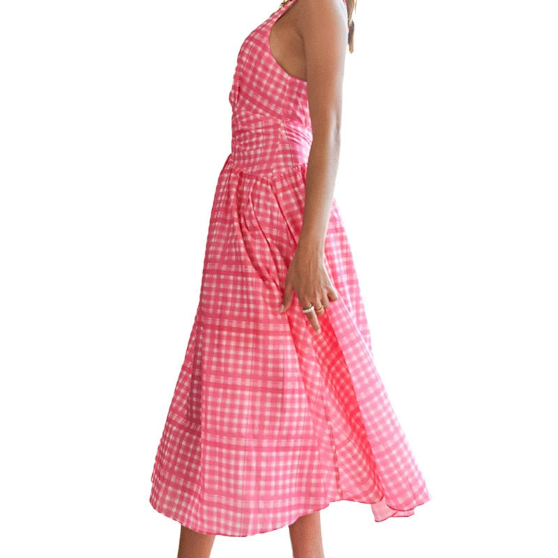 Sexy Plaid Midi Dress Women Summer Fashion Backless Bandage Ruffle Beach Dress Casual Pink Deep V Neck New In Dresses 2023   65.99 EZYSELLA SHOP