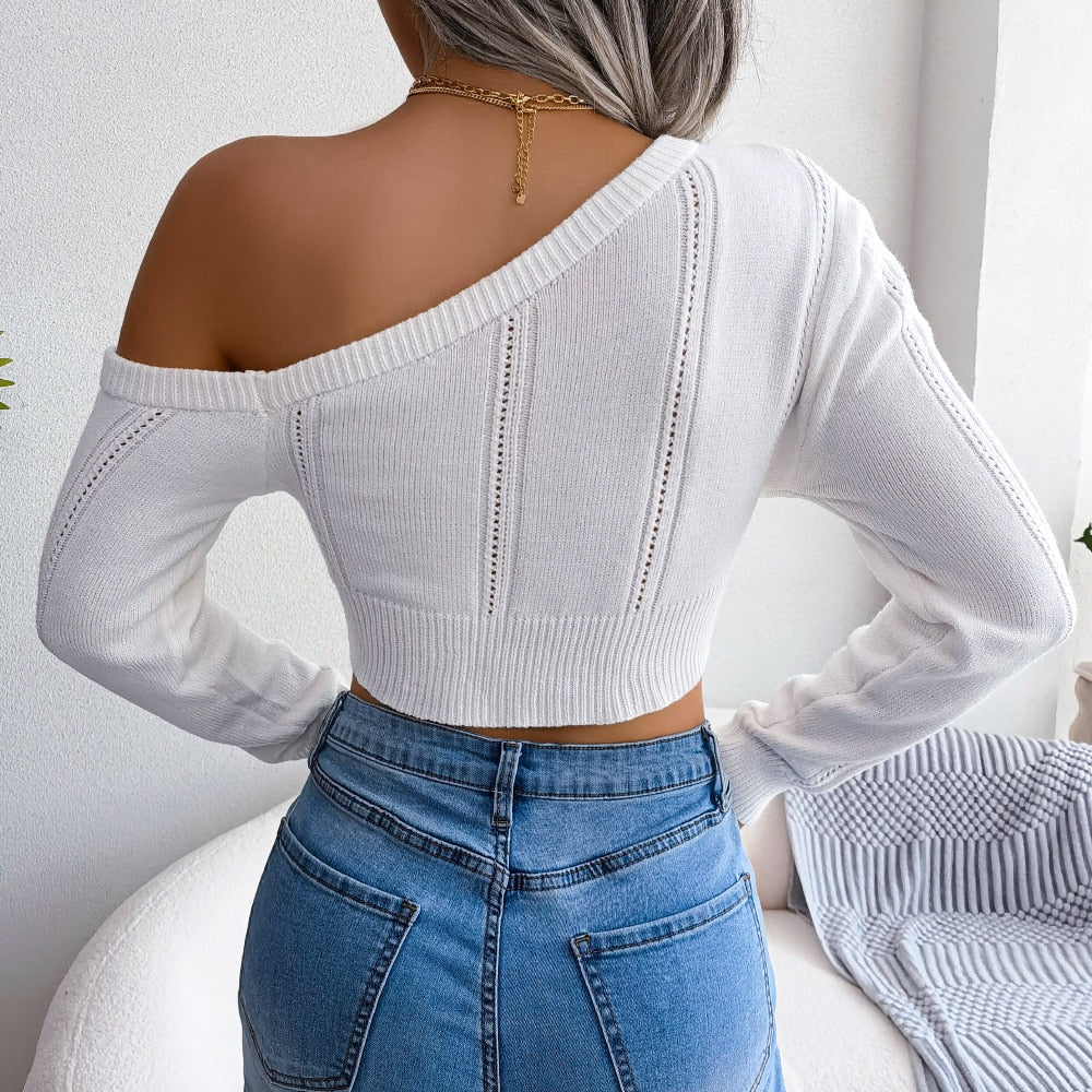 Sexy Knitted One Shoulder Crop Top Women Fashion Long Sleeve Tops Casual Hollow White Thin Sweater Autumn Winter Pullover 2022   65.99 EZYSELLA SHOP