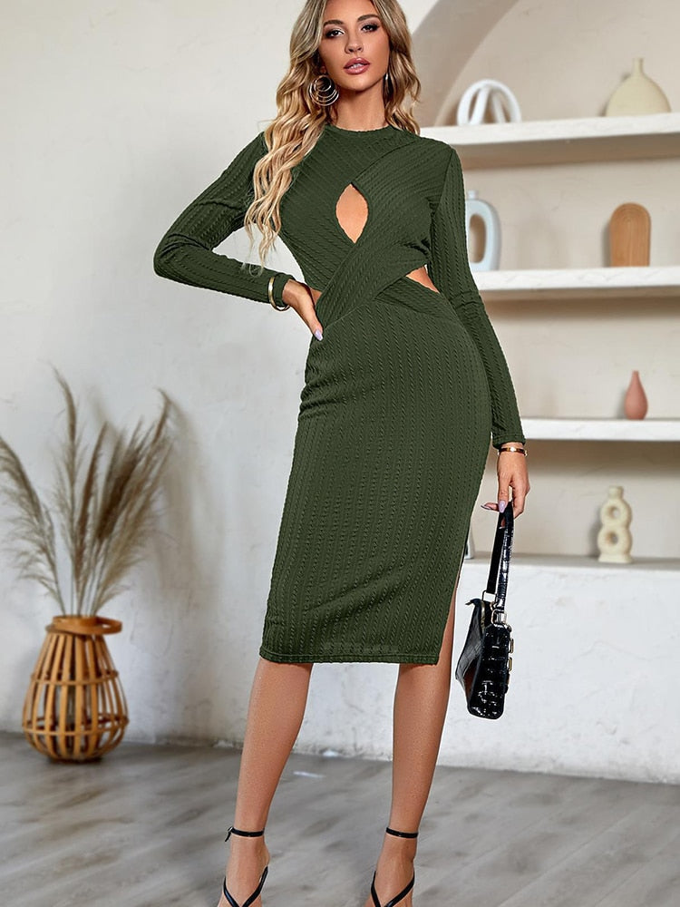 Sexy Knitted Midi Dresses For Women Elegant Red Hollow Out Slit Basic Dress Autumn Winter Casual Slim New In Dresses 2023 DarkGreenXL  115.99 EZYSELLA SHOP