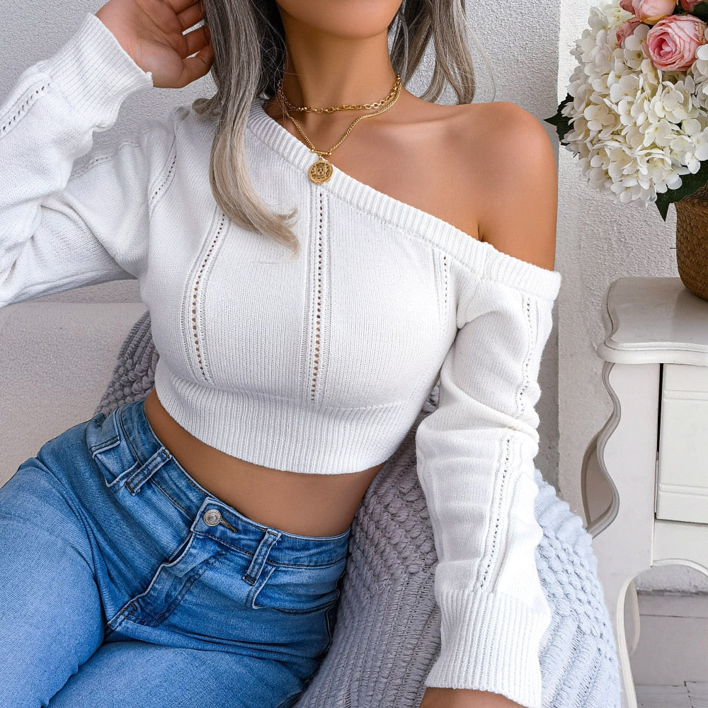 Sexy Knitted One Shoulder Crop Top Women Fashion Long Sleeve Tops Casual Hollow White Thin Sweater Autumn Winter Pullover 2022   65.99 EZYSELLA SHOP