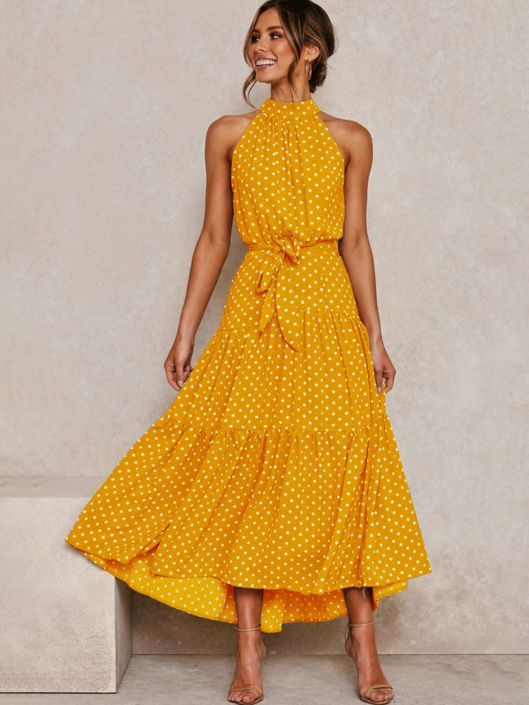 Summer Long Dress Polka Dot Casual Dresses Black Sexy Halter Strapless New 2022 Yellow Sundress Vacation Clothes For Women Yellow100PolyesterXL  66.99 EZYSELLA SHOP