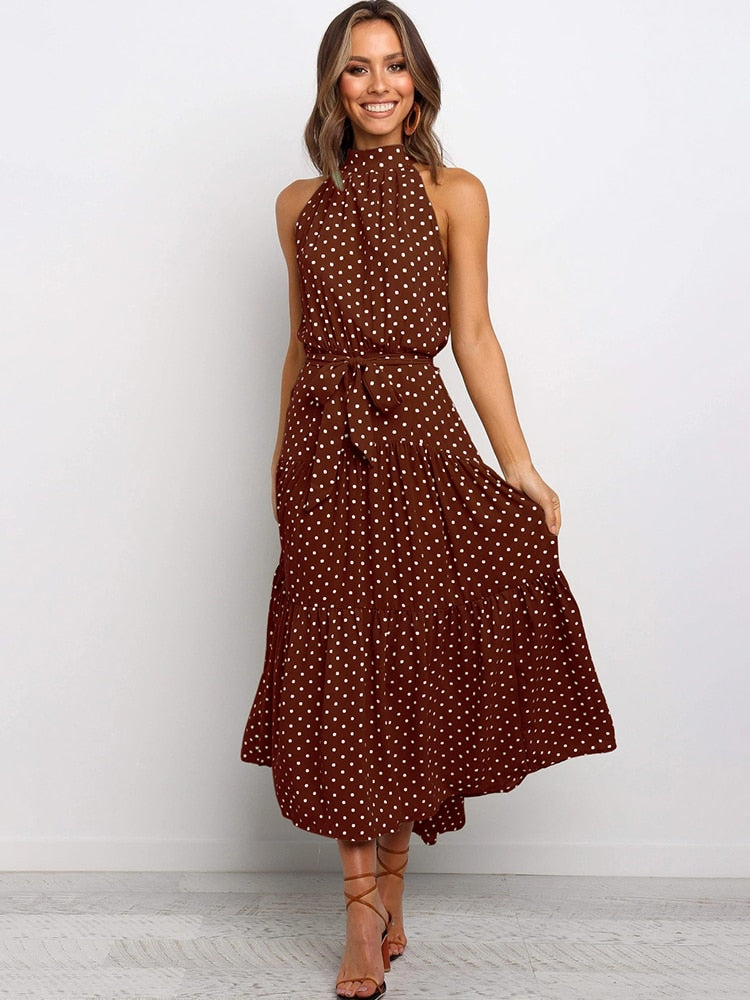 Summer Long Dress Polka Dot Casual Dresses Black Sexy Halter Strapless New 2022 Yellow Sundress Vacation Clothes For Women Brown100PolyesterXL  66.99 EZYSELLA SHOP