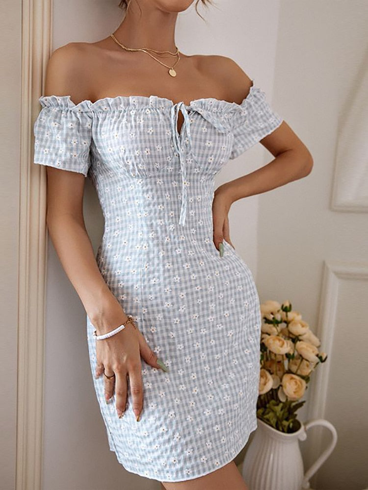 Sexy Floral Short Dress Women Summer Casual Slim Backless Off Shoulder Beach Dress Fashion White Lace-up New In Dresses 2023   61.99 EZYSELLA SHOP