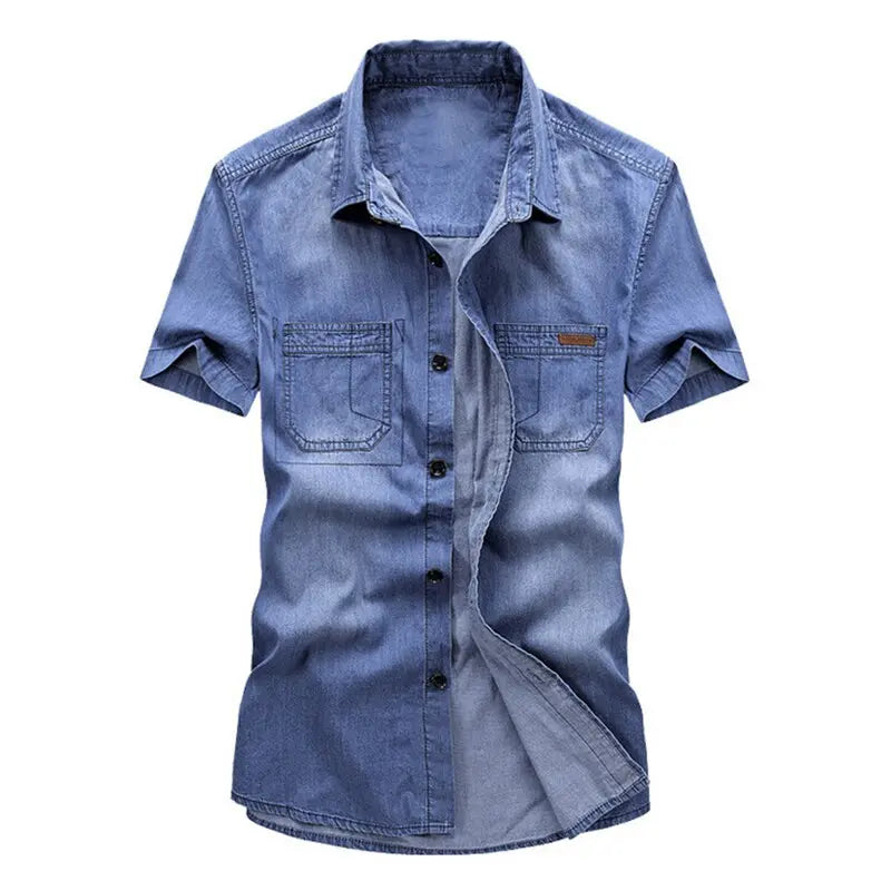 Summer Denim Shirt Men New 100% Cotton Washed Blue Short Sleeve  Apparel & Accessories > Clothing > Shirts & Tops 64.62 EZYSELLA SHOP