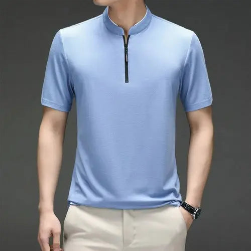Summer Men Fashion Stand up Collar T shirt Thin Section Solid Color AsiaXXLLightBlue Apparel & Accessories > Clothing > Shirts & Tops 47.71 EZYSELLA SHOP