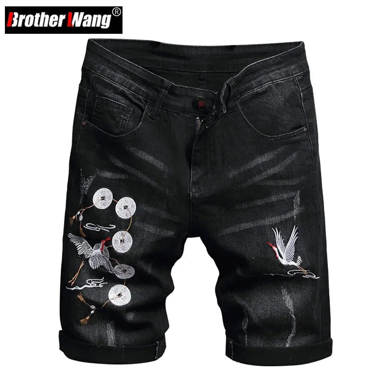 Summer New Men's Black Embroidered Short Jeans Chinese Style  Apparel & Accessories > Clothing > Shorts 78.80 EZYSELLA SHOP