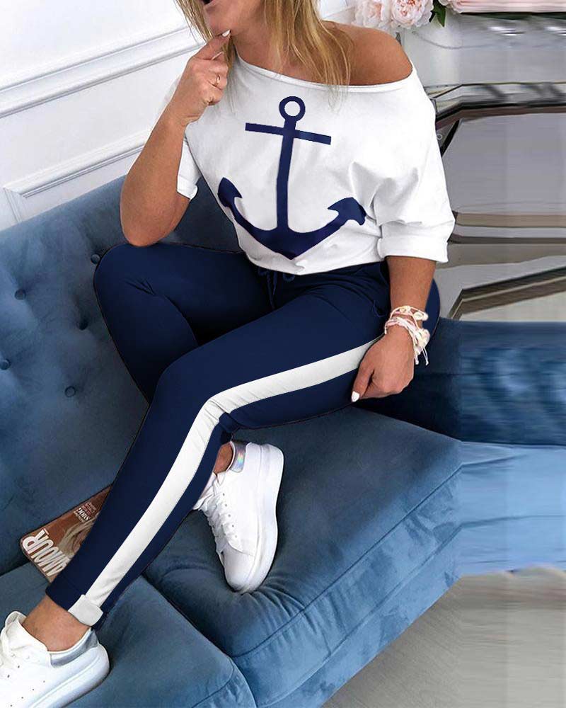 Tracksuit Women Pants Set Fashion Clothes Summer 2023 Boat Anchor Print Patchwork Casual Stretch Bodycon Two Piece Matching   61.99 EZYSELLA SHOP