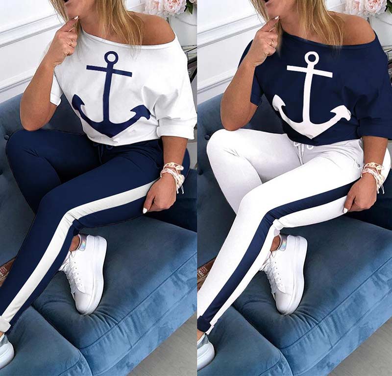 Tracksuit Women Pants Set Fashion Clothes Summer 2023 Boat Anchor Print Patchwork Casual Stretch Bodycon Two Piece Matching   61.99 EZYSELLA SHOP