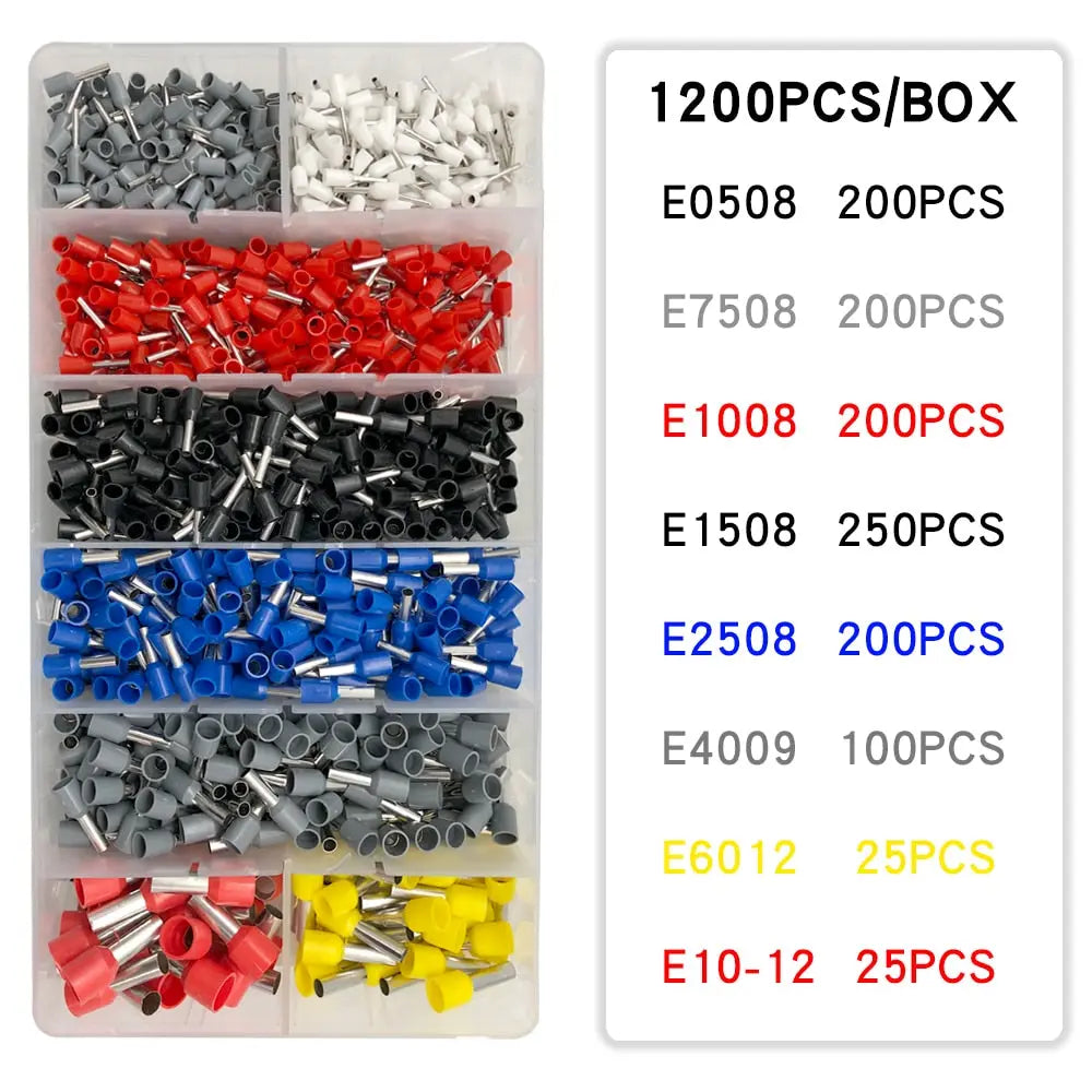 Tubular Terminal Box 0.5mm2-10mm2 Various Styles Electrical Wire Connector Crimping Insulated Tube Terminals Set E1200PCSBOX Hardware > Power & Electrical Supplies > Wire Terminals & Connectors 53.99 EZYSELLA SHOP