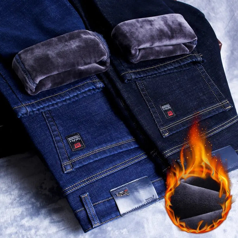 Winter New Men's Warm Slim Fit Jeans Business Fashion Thicken  Pants 70.99 EZYSELLA SHOP
