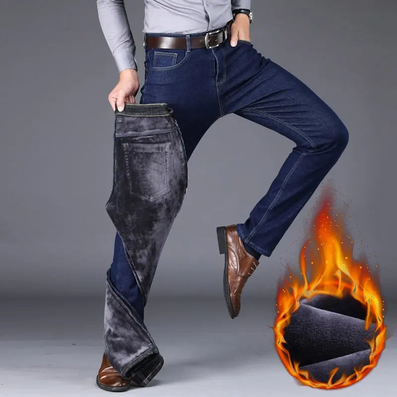 Winter New Men's Warm Slim Fit Jeans Business Fashion Thicken  Pants 70.99 EZYSELLA SHOP