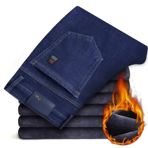 Winter New Men's Warm Slim Fit Jeans Business Fashion Thicken 40Blue Pants 70.99 EZYSELLA SHOP