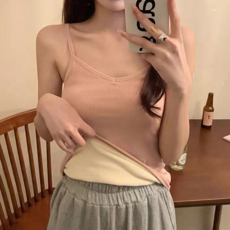 Winter Velvet Thickened Undershirt Women Solid Color Slim Cozy Thermal Underwear Camisole Warm Sling Vest Top Bottoming Cloth Pink440-70kg  48.99 EZYSELLA SHOP