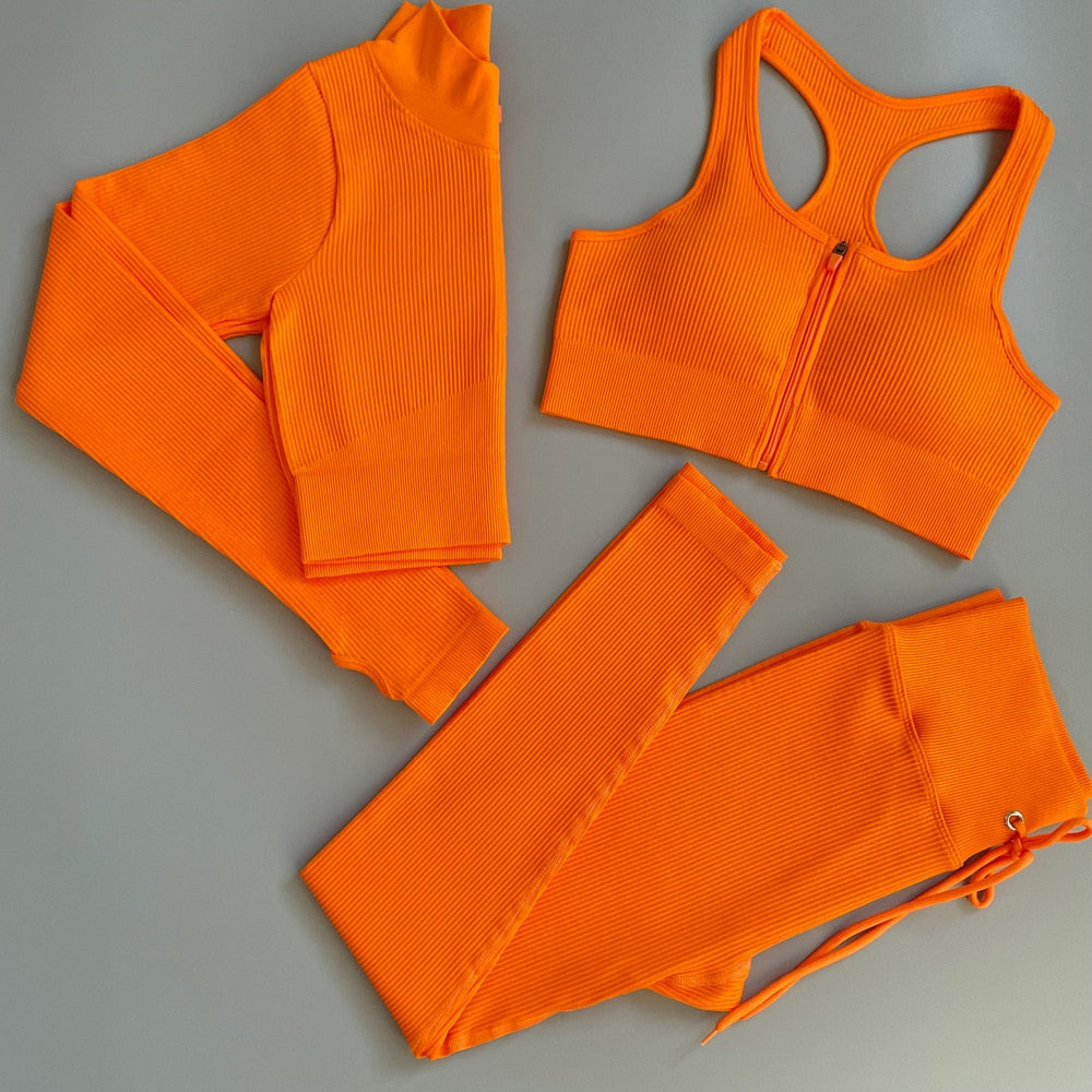 Women Solid Color Yoga Running Sets Summer Yoga Set Leggings Tops Fitness Sports Suits Gym Clothing Yoga Bra Running Tops Pant Orange3pcsSetL  111.99 EZYSELLA SHOP