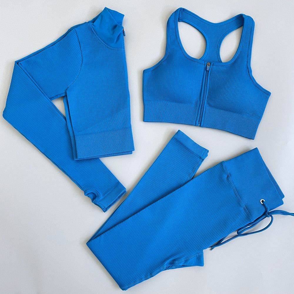 Women Solid Color Yoga Running Sets Summer Yoga Set Leggings Tops Fitness Sports Suits Gym Clothing Yoga Bra Running Tops Pant Blue3pcsSetL  111.99 EZYSELLA SHOP